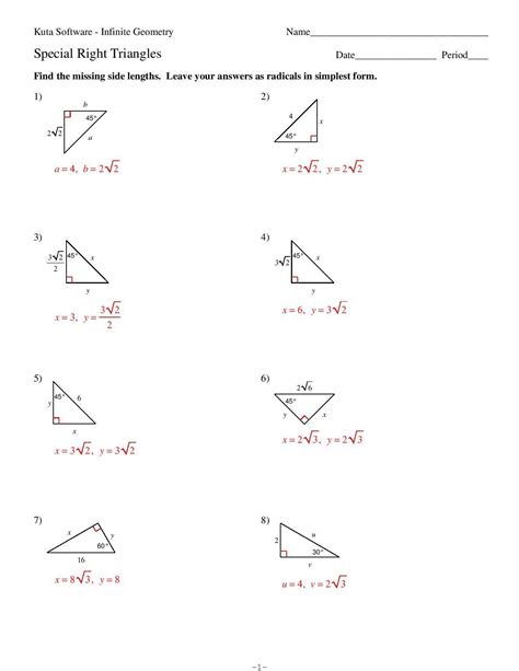 special right triangles practice worksheet answers